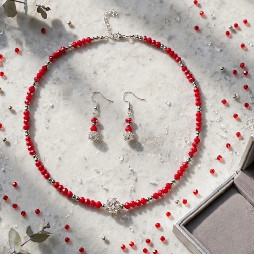 Handmade crystal beaded red and silver elegant jewelry set