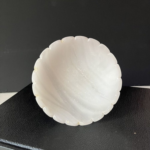 Vintage Italian Pedestal Bowl made of Genuine Pink Alabaster, hand-carved, used