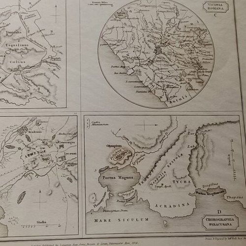 1826 Lithograph Map of Ancient Athens, Rome, Syracuse used, 27x21cm