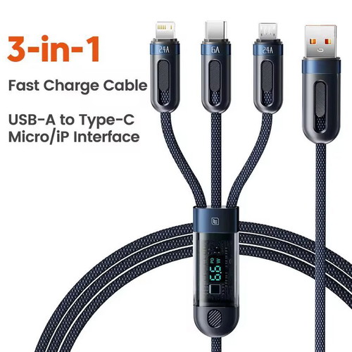 Toocki 3-in-1 Charging Cable USB-C Lightning Micro-USB Navy Blue 1.2m new