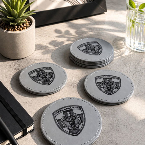 Coaster set 424 GSNE new, eco leather with emblem and motto