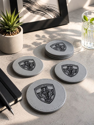 Coaster set 424 GSNE new, eco leather with emblem and motto