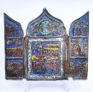Antique Triptych Enamel Brass Icon!