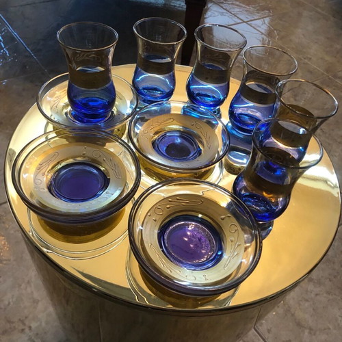 Tea glasses new, set of 6 blue with gold