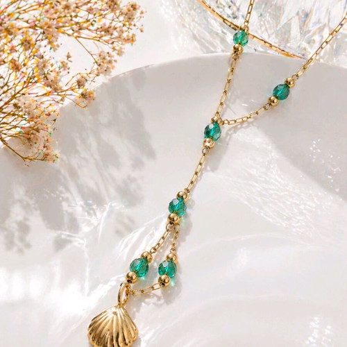 Women's shell necklace with green beads new, gold plated