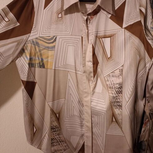Satin shirt new, beige with geometric patterns