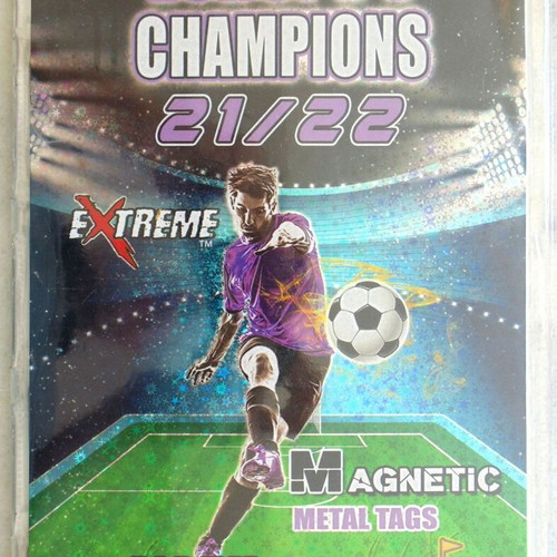 Complete album with European football magnetic metal tags, foil