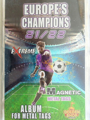 Complete album with European football magnetic metal tags, foil