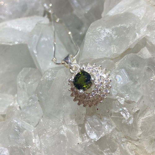 Silver pendant with natural intense green tourmaline and moissanite, new