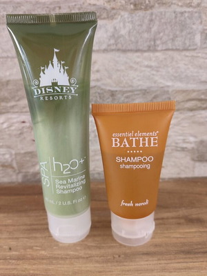 Disney and Essentiel Elements shampoos used, travel size 60ml & 30ml