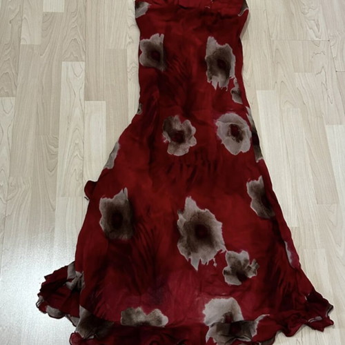 Vintage red asymmetric dress with ruffles and floral pattern, Evgenidis Bros, size 2