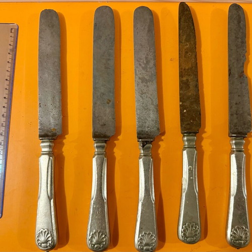 Silver cutlery used, collection of 5 knives, 3 gilded, 1 fork, 2 spoons