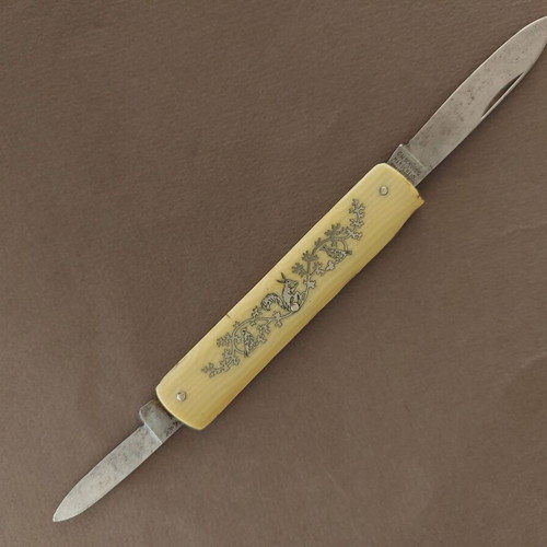 Antique German Schuddig Solingen pocket knife used with double blades and silver inlay decoration
