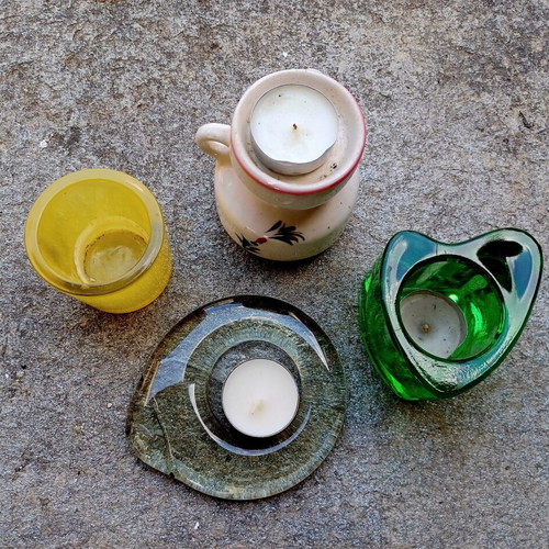 Set of various tealight holders, three glass and one ceramic