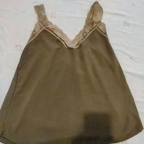 Women's khaki top blouse with lace straps and ruched back