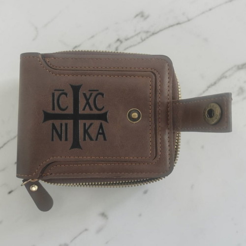 Wallet with IC XC NIKA print, brown, new