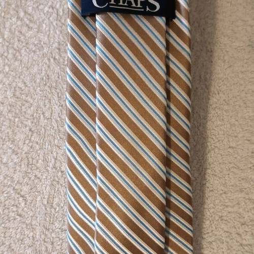 Chaps men's tie new, beige with blue and white stripes