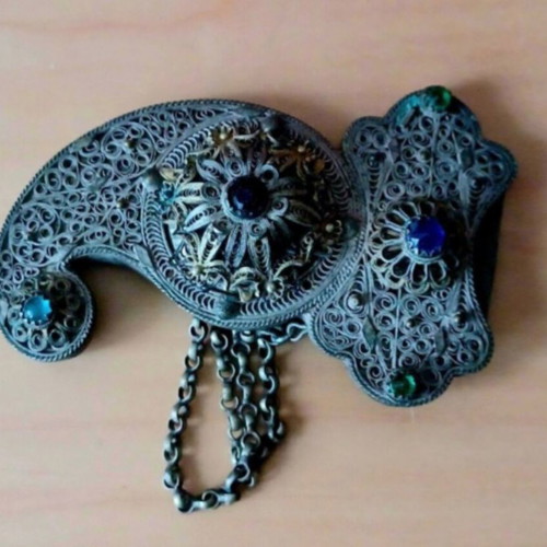 Epirus Antique Brooch used, filigree silver wire with decorative stones