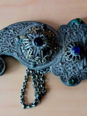 Epirus Antique Brooch used, filigree silver wire with decorative stones