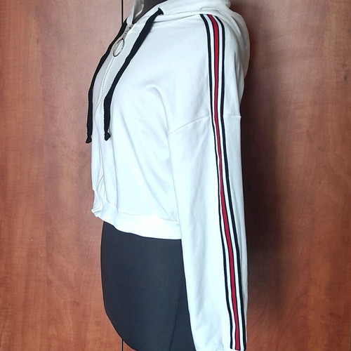 White Cropped Jacket with Hood and Sporty Stripes like new