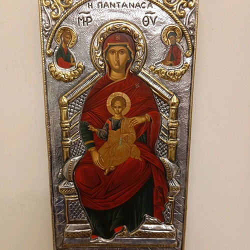 Panagia Pantanassa Enthroned new silk screen with silver 9250 halo