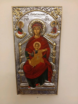 Panagia Pantanassa Enthroned new silk screen with silver 9250 halo