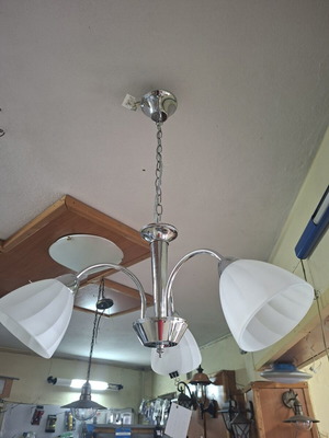 Three-Light Ceiling Pendant Lamp new, silver metal with frosted glass shades