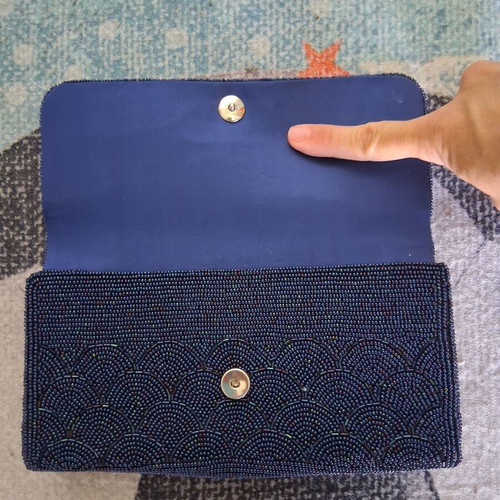 Vintage envelope bag with blue beads satin lining like new