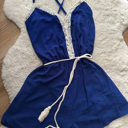 Blue jumpsuit size S like new with white knit and belt Owtwo