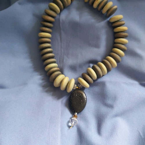 Women's necklace with wooden beads and black lava new