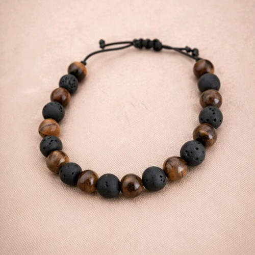 Men's bracelet with natural Tiger's Eye and volcanic lava new