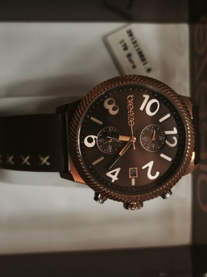 Breeze Chronograph Watch Rose Gold Tone Brown Leather NOS Full Set