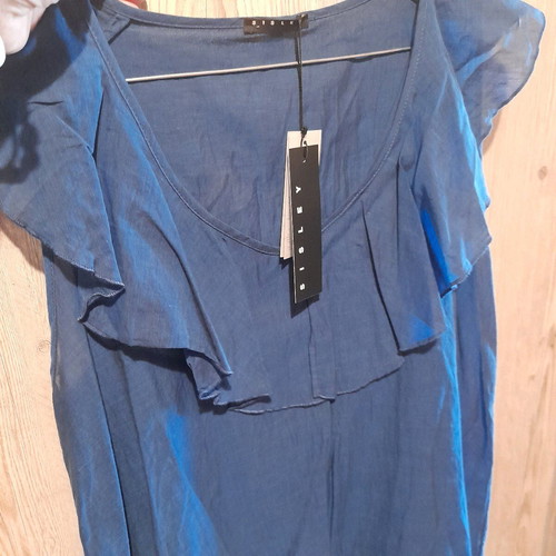 Sisley blouse L new, blue, with ruffles at neckline