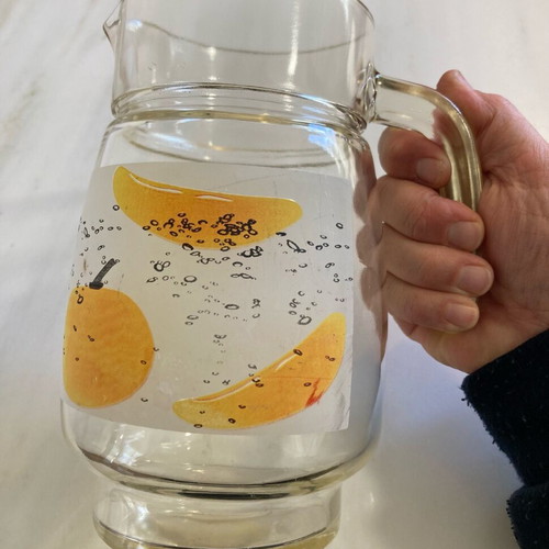 Large vintage glass jar decorated with yellow fruit and black bubbles like new