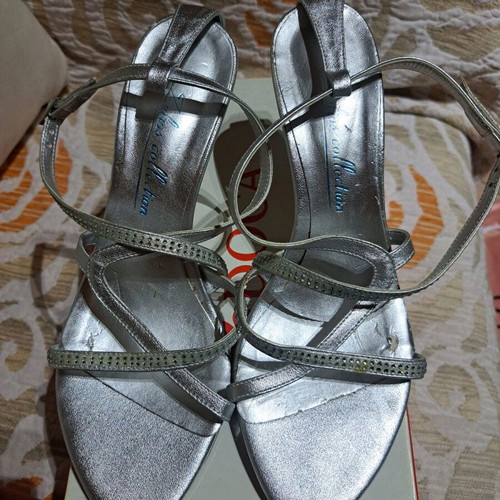 Silver sandals with rhinestones used, crisscross straps, 9 cm heel