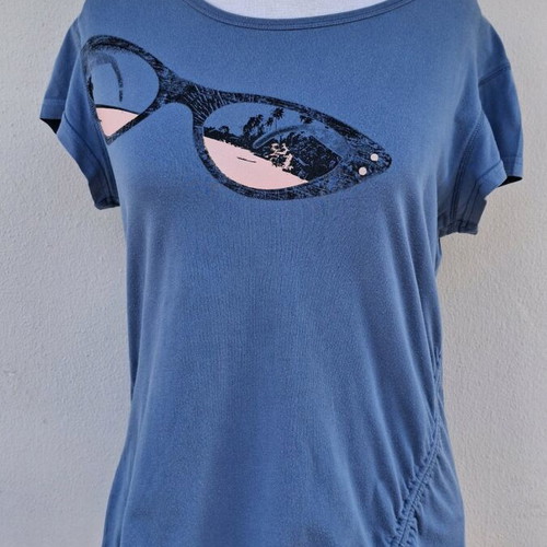 Attrattivo blouse used, size L, blue with print and cutout design