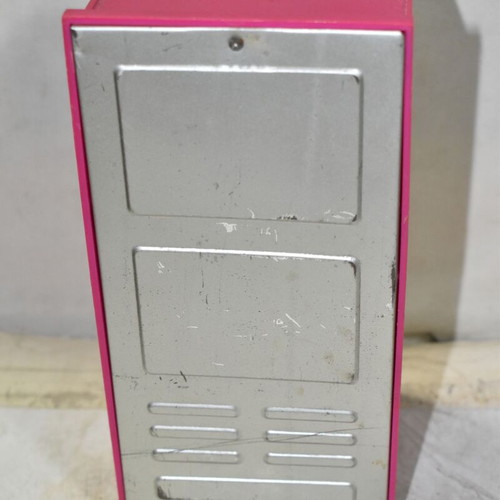 Retro children's kitchen fridge used, plastic and metal with illustration