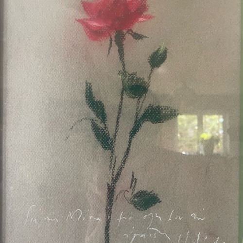 Wax pastel artwork Red Rose with dedication by Michalis Vafeiadis like new