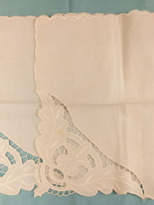 White cutwork doilies with lily and leaves, pair like new