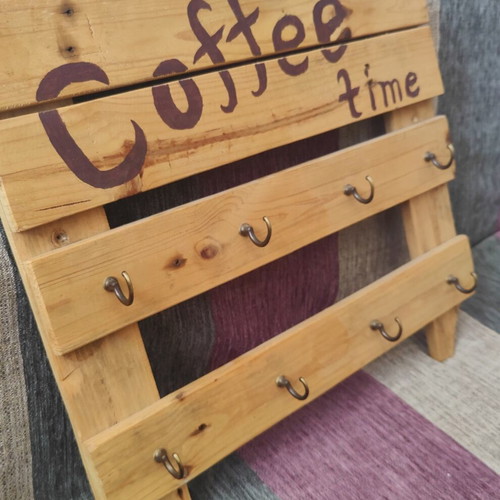 Handmade wooden wall hanger with 8 hooks, coffee time design