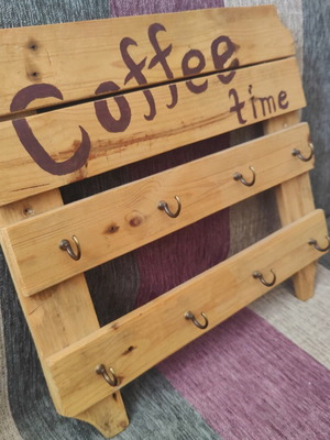 Handmade wooden wall hanger with 8 hooks, coffee time design