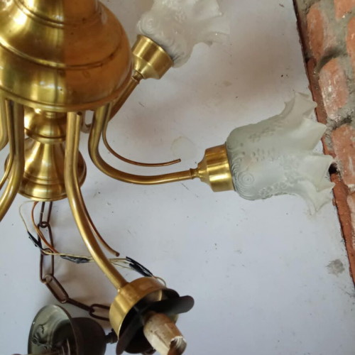 Brass 6-Light Vintage Ceiling Lamp used, 1970s with opaline shades