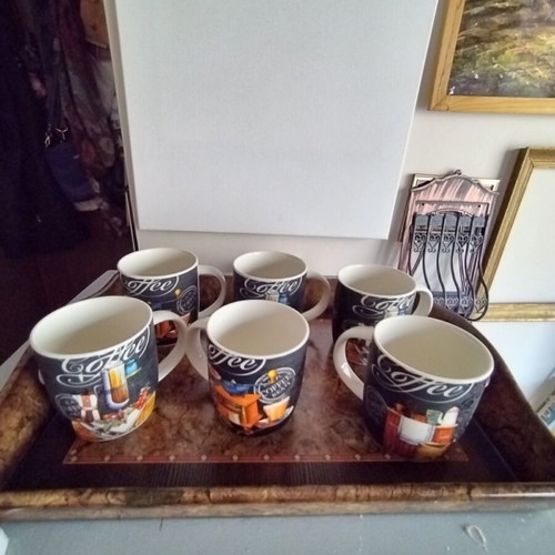 Tea cup set of six new with large wooden tray