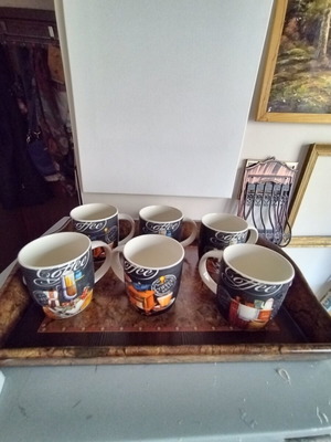 Tea cup set of six new with large wooden tray