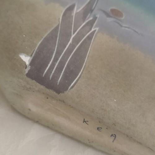 Vintage ceramic vase with handmade landscape, signed KEA