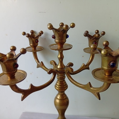 Brass candlestick with inlaid stones, 30.5 cm