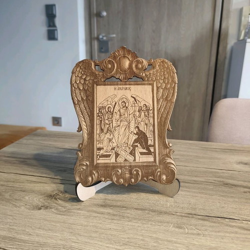 Wooden table icon of the Resurrection new with carved frame and angel wings