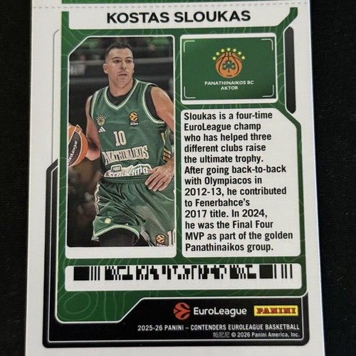 Panini Euroleague Contenders 2025-26 Kostas Sloukas card, Panathinaikos