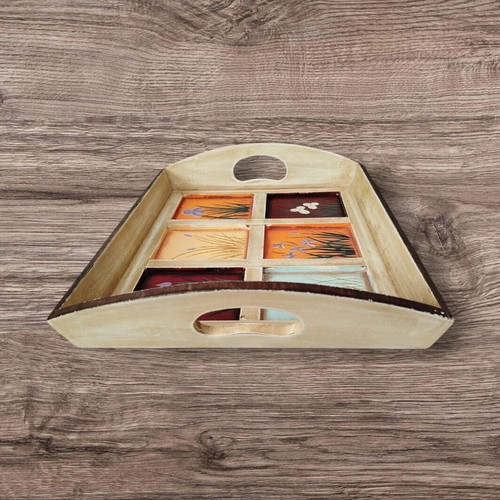 Wooden serving tray like new with six decorated sections