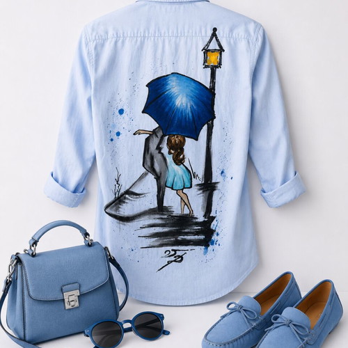 Hand-painted women's shirt "Under the Rain" like new, light blue